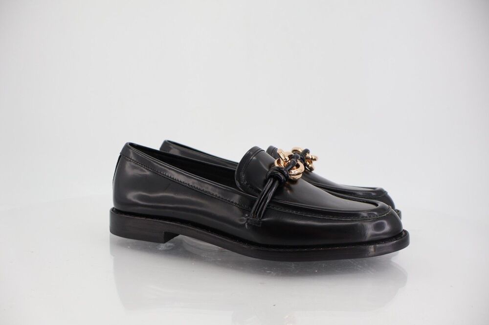 Loeffler Randall Roma Loafers Black Leather Gold Chain Buckle Size 5B Womens